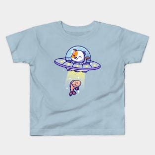 Cute Cat Catching Fish With Ufo Cartoon Kids T-Shirt